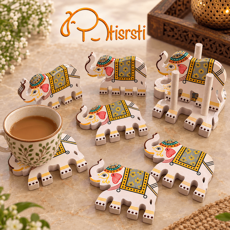 Wooden lacquer ware handmade artisan elephant coasters set atisrsti handmade crafts varanasi Artisanmade